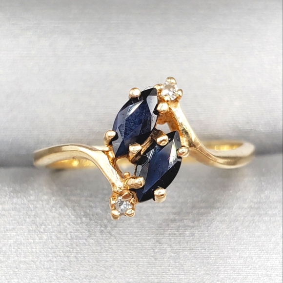 Jewelry - 10k Solid Yellow Gold Double Marquise Blue Sapphire & Diamond Ring